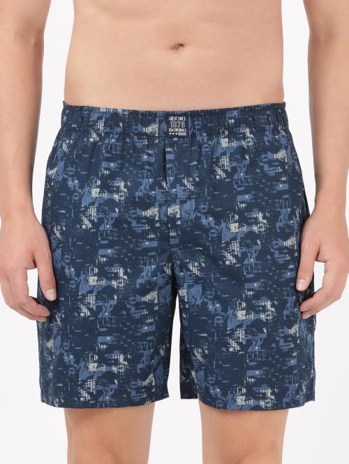 Jockey Style US57 Men's Super Combed Mercerized Cotton Woven Printed Boxer Shorts with Side Pocket - Navy