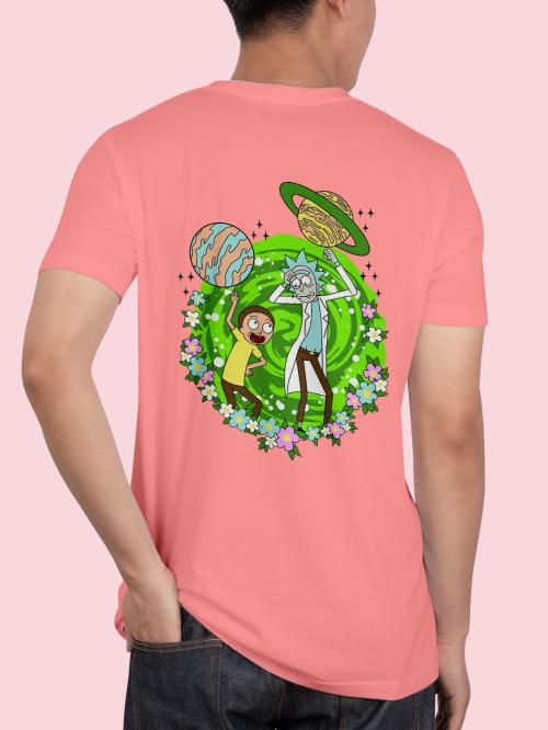 BLISSINK RICK AND MORTY Front And Back Printed Coral Cotton Tshirt for Men