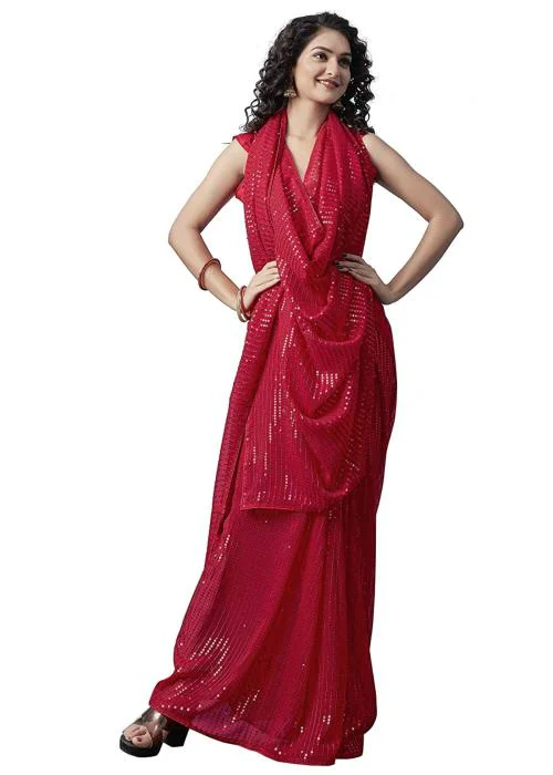 Thishma Women Red Sequin Georgette and Satin Silk Saree with Blouse Piece
