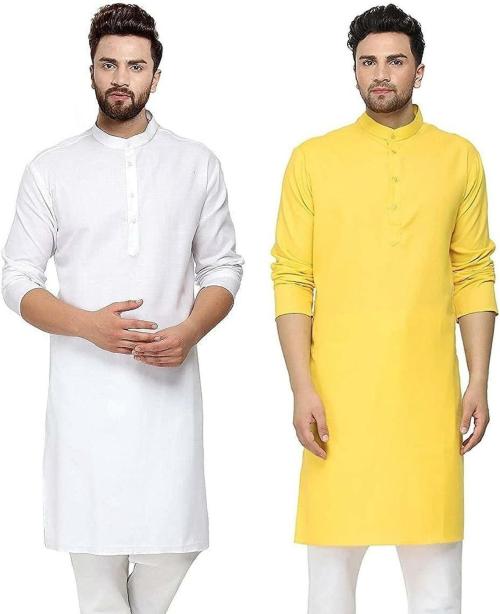 Golazo Men White, Haldi Solid Cotton Blend Straight Kurta