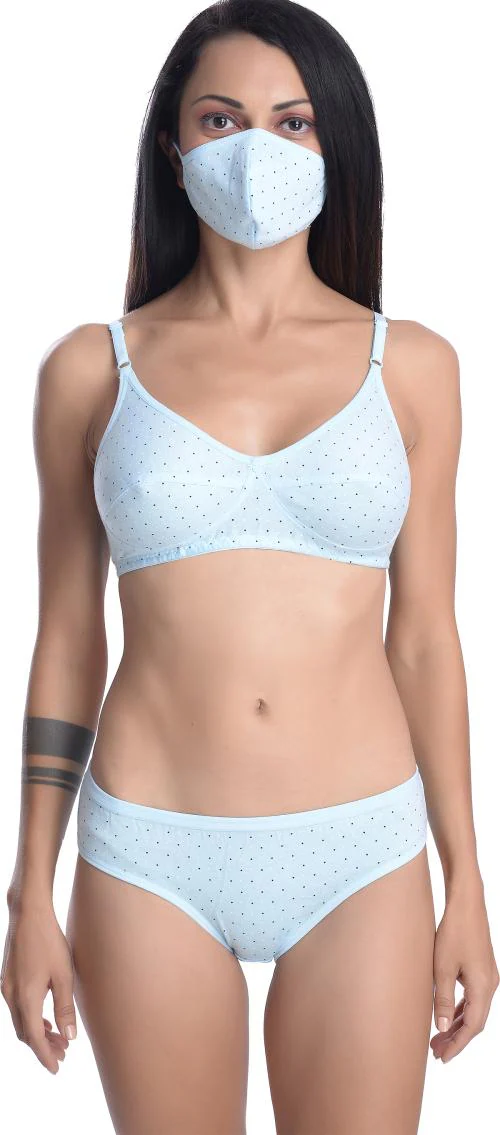 StyFun Women Blue Polka Cotton Blend Single Bra & Panty Set With Cotton Mask