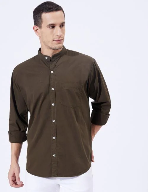 Ben Martin Men's Slim Fit Mandarin Collar Cotton Casual Full Sleeve Shirt Olive