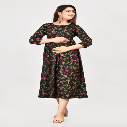 Dhruvi Women's Rayon Anarkali Maternity Dress With Zippers ( Xx-Large , Black)