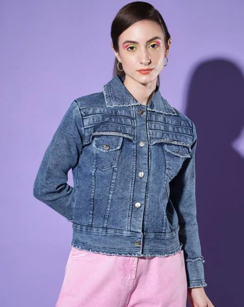 BuyNewTrend Light Blue Raw Edge Women Denim Jacket