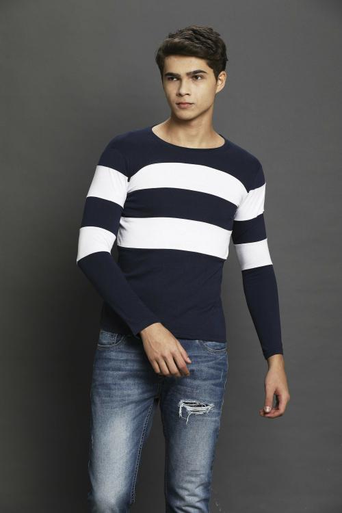 SZ SKITTZZ...; PASSION FOR FASHION Men Navy Blue Color Block Cotton Blend T-Shirt