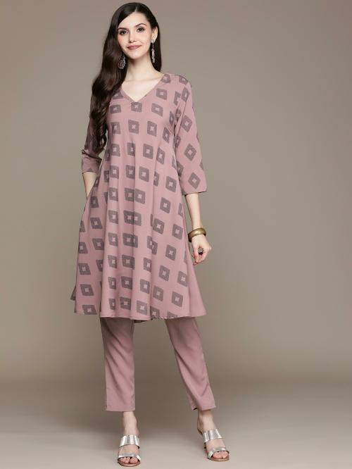 ZIYAA Women Peach Ikat A-line Kurta Set