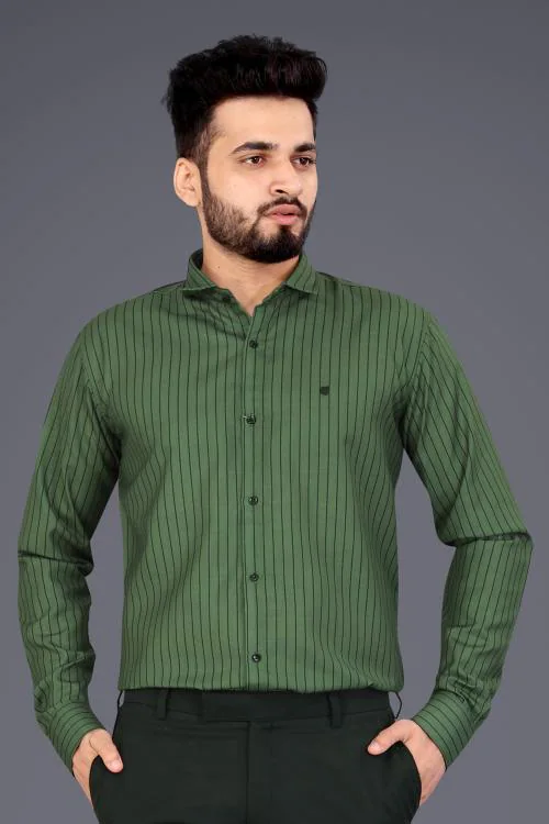 GETCHI Dark Green Cotton Blend Lining Print Causal Shirt