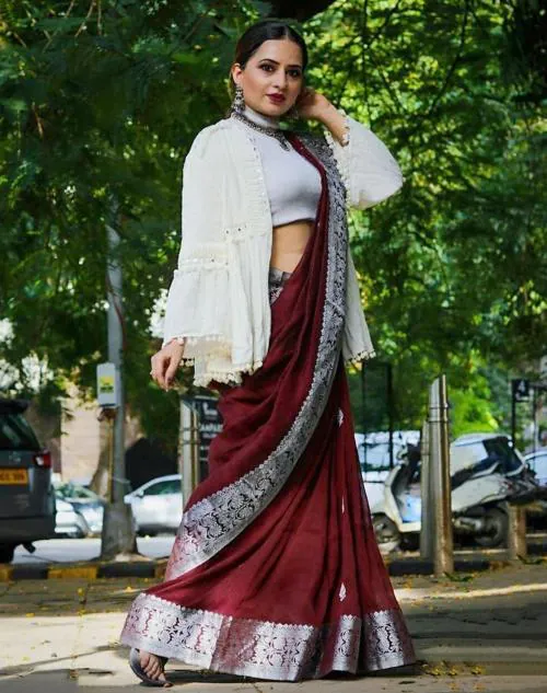 Siril Poly Silk Silver & Maroon Color Saree with Blouse piece | sarees for Women| saree | sarees