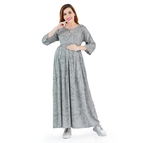Lovely Mom's Cotton Western Pregnancy Dress for Nursing with Zippers|Flaired, Soft, Comfortable Maternity Dress|Size - XL - BUST 42 - Grey