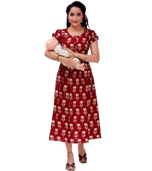 Ritijya Poly Cotton Layered Anarkali Feeding Kurtis for Women with Zip | Maternity Kurtas for Nursing & Pregnancy (M,Red, 9044_38)