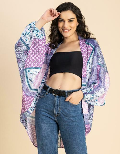 Moomaya Long Sleeves Bat Wing Sleeves V Neck Boxy Loose Fit Printed Womens Shrug