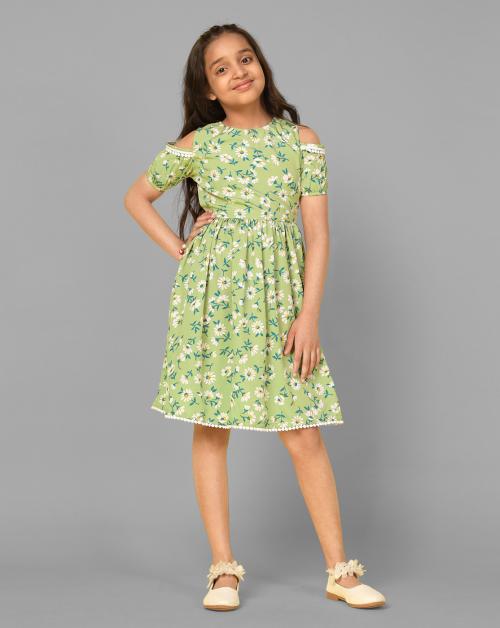 Fashion Dream Girls Pista Floral Printed Crepe Frock | Dresses | Kids Wear | Girls Dress | Kids Dress | Frock | Frock Girls | Girls Frock | Dresses For Girls | Kids Girl Dress | Frock For Girls