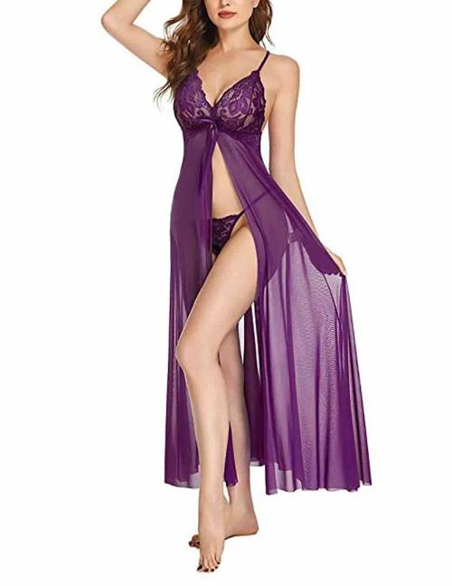 ZXS STYLE Women Purple Floral Floral Maxi Babydoll Lingerie Set