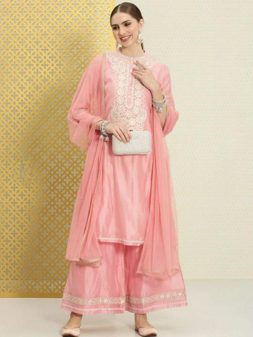Shree Sheetal Fashion & Art Women's Embroidered Kurta And Palazzo Set With Net Dupatta (Pink) (DFK15)