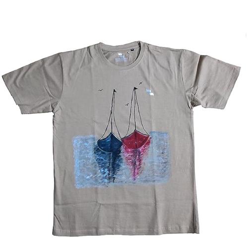 SISTYLO COM Unique Boat Hand Painted Beige Large (42 INCH) Size Men T-Shirt