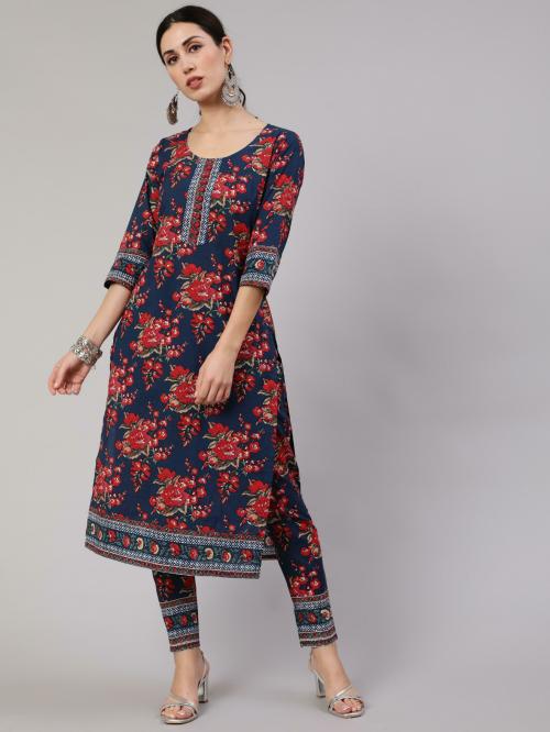 Aks Navy Blue & Red Floral Printed Straight Kurta