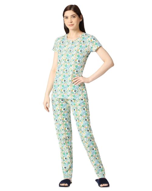 Zebu women's all over print top with neck open & Printed Pant Pack of 1 Night Suit Set