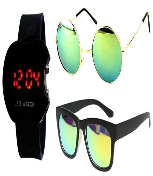 Y&S Unisex Sunglasses for Men And Women with Led Digital Wrist Watch Combo ( YS2107-RndGrn-WayGrn-Led )