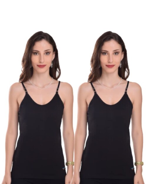 Crepeon Multicolor Women's Regular Fit 100% Cotton Camisole | Adjustable| Pack of 2| S