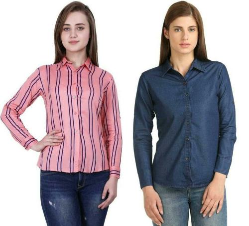 Wingzss Women's Combo Regular Fit Shirt-Dark Plain Shirt & Pink Strip Shirt (X-Large)