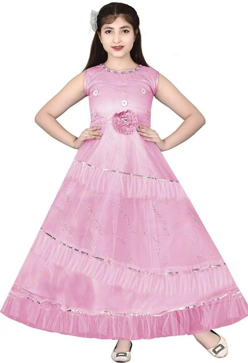 Naarz Fashion Girls Pink Solid Net A-Line Gown Dress (11 to 12 Years)