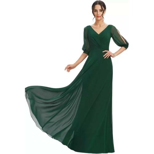 RUYU FASHION Flared V Neck Full Length Green Georgette Gown With 3/4 Sleeve ( S )