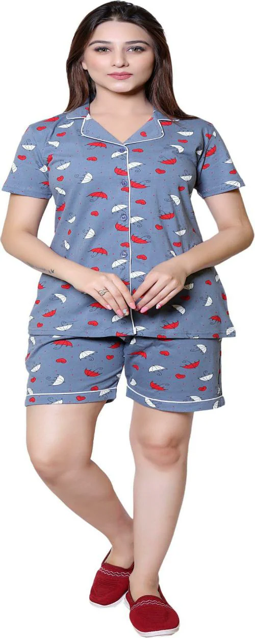 DREAMYSOUL Women Grey Printed 100% Cotton Top Shorts Sets (M)