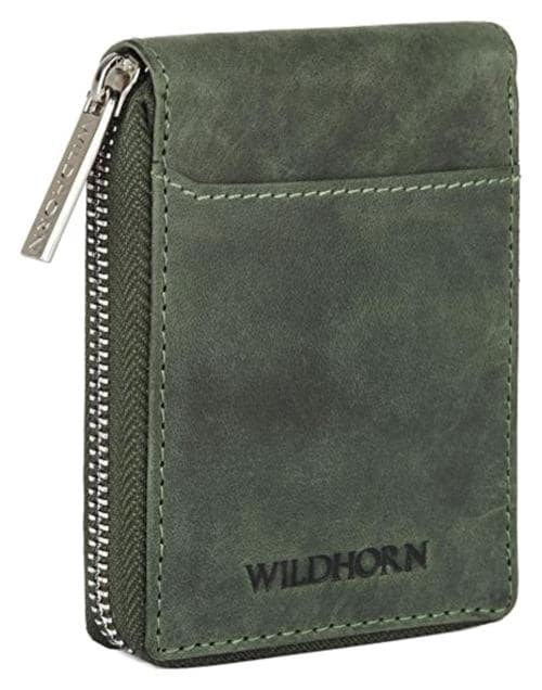 Wildhorn Men And Women Green 9 Slot Vertical Credit Debit Card Holder, Zipper Money Wallet, Coin Purse, External Id Slot, Cash Compartment