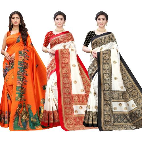 POSHYAA FASHION Women Art Slik Multicolour Printed Saree With Unstiched Blouse Piece