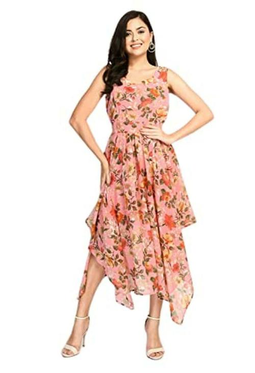 Shiva Trends Womens Georgette Printed Round Neck High Low Sleeveless Dress