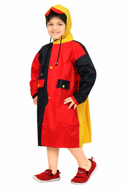 Real Polyester Raincoat for School Boys & Girls with Hood, Pockets and School Bag Coverage Bright Color Raincoat