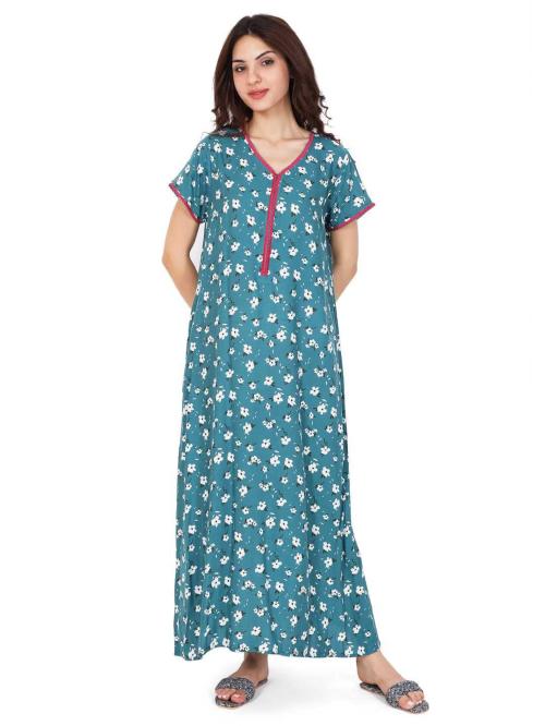 Evolove Women Sea Blue Viscose Liva Long Maxi Night Gown Nighty Dress With Pocket (L)