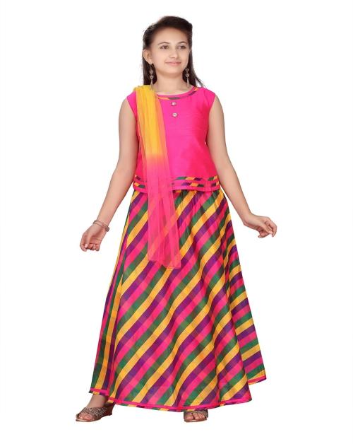 Aarika Girls Rani Colour Lehenga, Choli and Dupatta Set