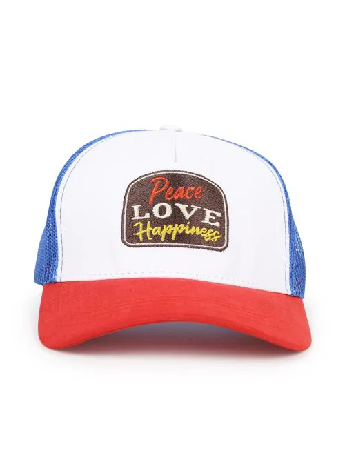DROOP Peace Love Happiness Trucker Cap Adjustable Strap With Plastic SNAPBACK)(Red ,Blue ,White)