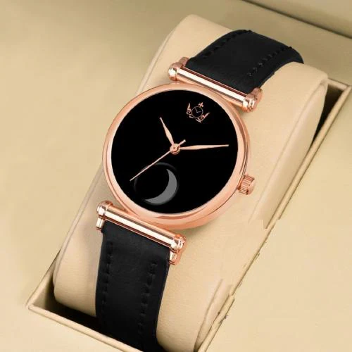ILOZ Latest New Stylish Moon Black Dial Classy Look Leather Black Strap Formal,Casual Wear Branded Wrist Watches For Giirls Analog Watch - For women