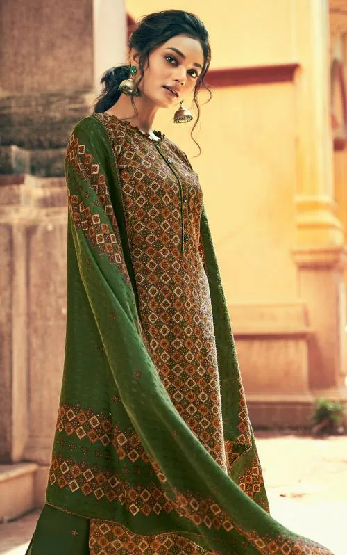 THE JAZZBAAT Women's Unstitched Kani Kashmiri Print Woolen Pashmina Salwar Suit Dress Material With Pashmina Printed Shawl Dupatta | Dress Material For Women | Unstitched Kurta Set (Green)