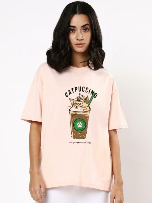Bewakoof Women's Pink Catpuccino Graphic Printed Round Neck Short Sleeve Overzised T-shirt