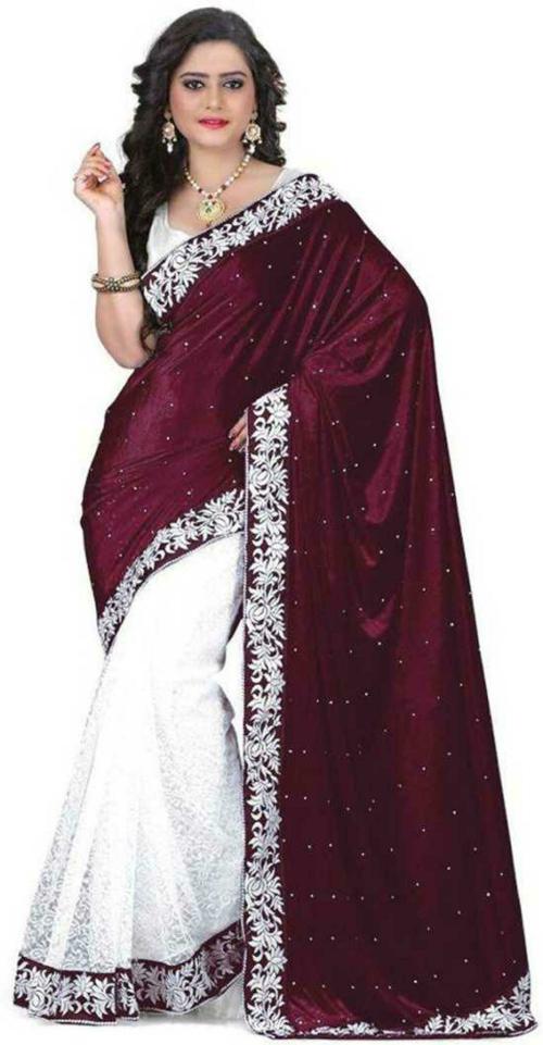 Prabhas Women Maroon Velvet Embellished Saree