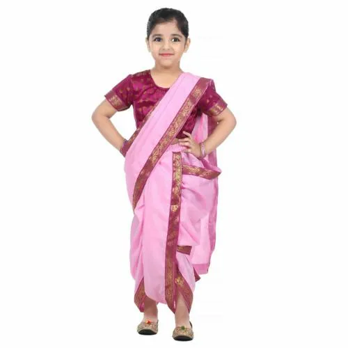 ITSMYCOSTUME Marathi Dress for Girls Traditional Folk Dance Costume for Kids- Pink & Wine