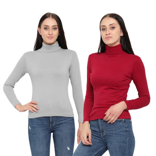 Diaz Solid Women High Neck T-Shirt Grey,Mehroon