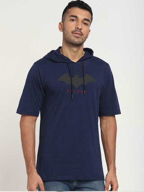 Bewakoof Men's Blue Batman Outline Logo Graphic Printed Hooded Neck Short Sleeve Oversized T-shirt