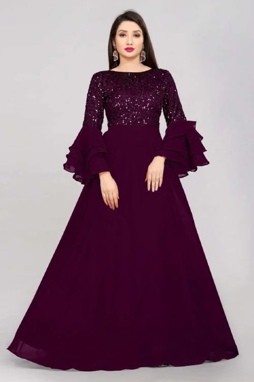 Thapnath Woman's Purple Embroidered Velvet Anarkali Gown