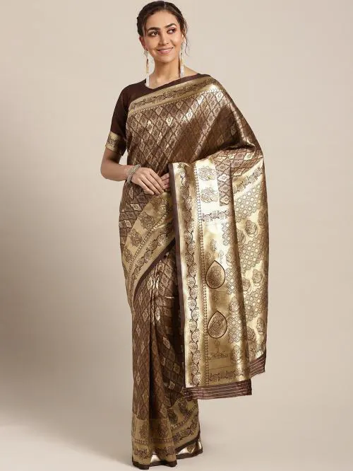 Om Shantam Sarees Coffee Temple Border, Woven Design Banarasi Jacquard, Art Silk Saree