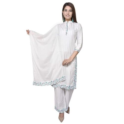 Rangoli creations Women Designer Cotton Kurti Pent Dupatta Set (White_Xx-Large)