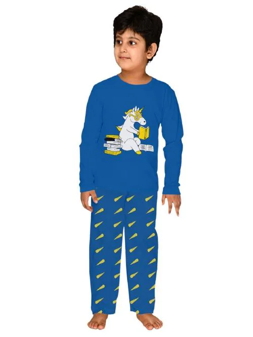 FUNKRAFTS Blue Unicorn Printed Cotton Kids Night Suit