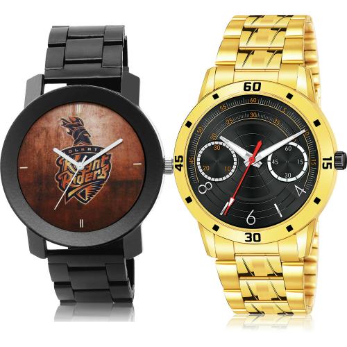 NIKOLA Latest Technology Kolkata Knight Riders (Kkr) Ipl Chain And Gold Chain Black And Gold Colour Analog Metal And Stainless Steel Belt 2 Watch Combo For Boys And Men - IPL13-(67-S-21)