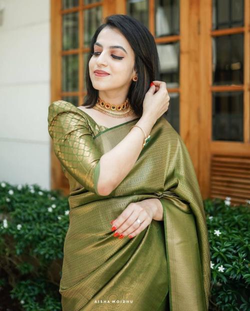 PITHAVADIWALA Women Green Woven Jacquard and Pure Cotton Saree with Unstiched Blouse