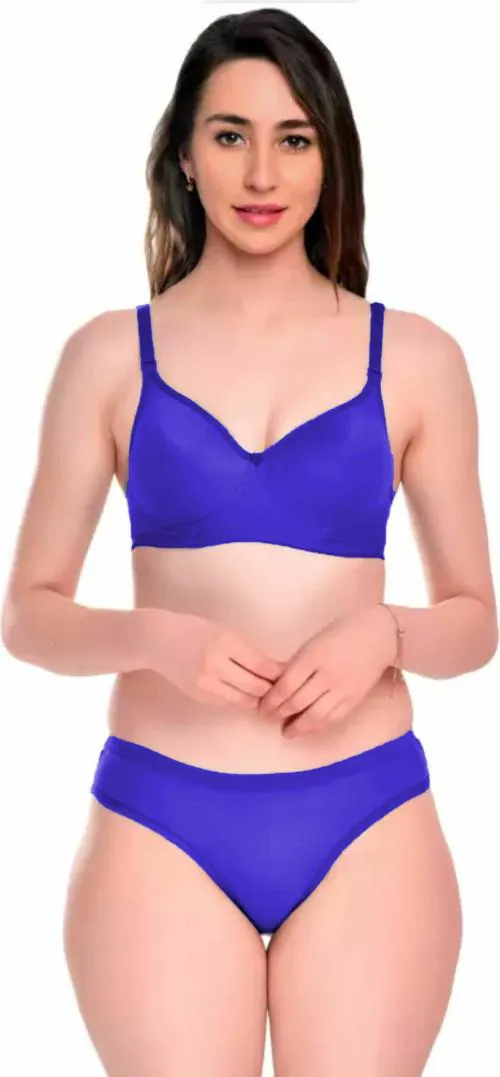 N-KUWARI Women Half cup Non Padded and Non Wired Bra Panty set - Royal Blue- 32B