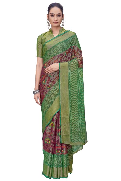 Sariya Printed Ikkat Brasso Saree (Purple, Green)