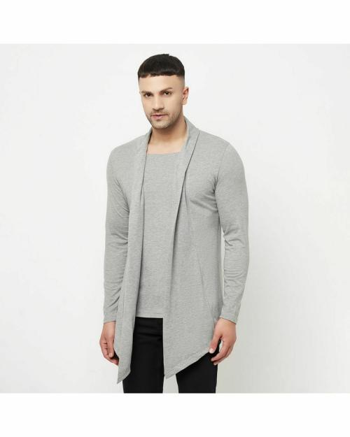 GLITO Solid Grey Full Sleeves Shawl Collar Cardigan For Men's